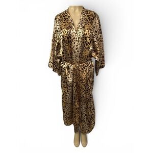 Cacique 22/24 Leopard Satin Robe Plus Size Kimono Maxi Lounge Glam